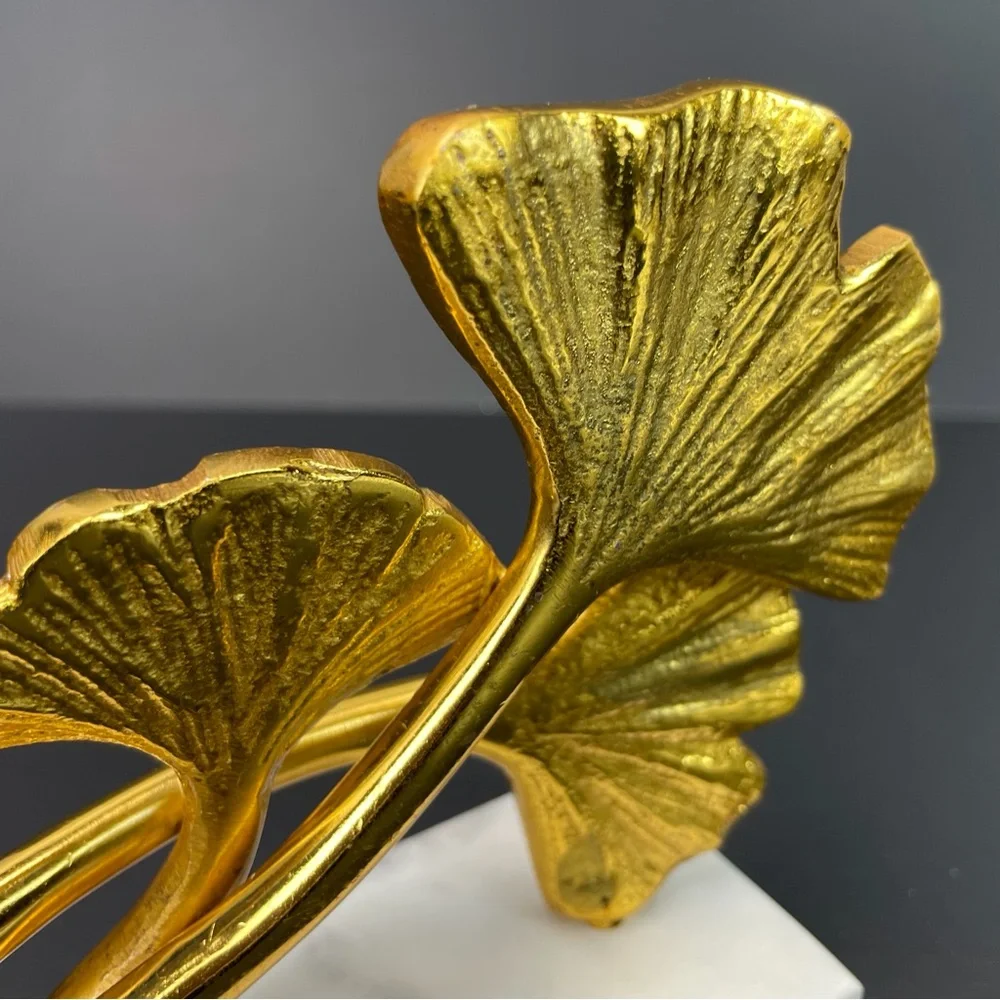 Sculpture 2 Leaf Ginko Gold Look Sculpture Modern Metal Leaves Marble Base - Picture 10 of 10
